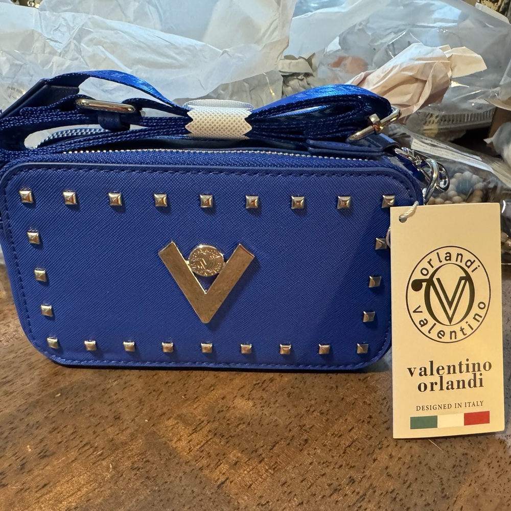 Valentino Orlandi Blue Crossbody Bag with Gold Studs